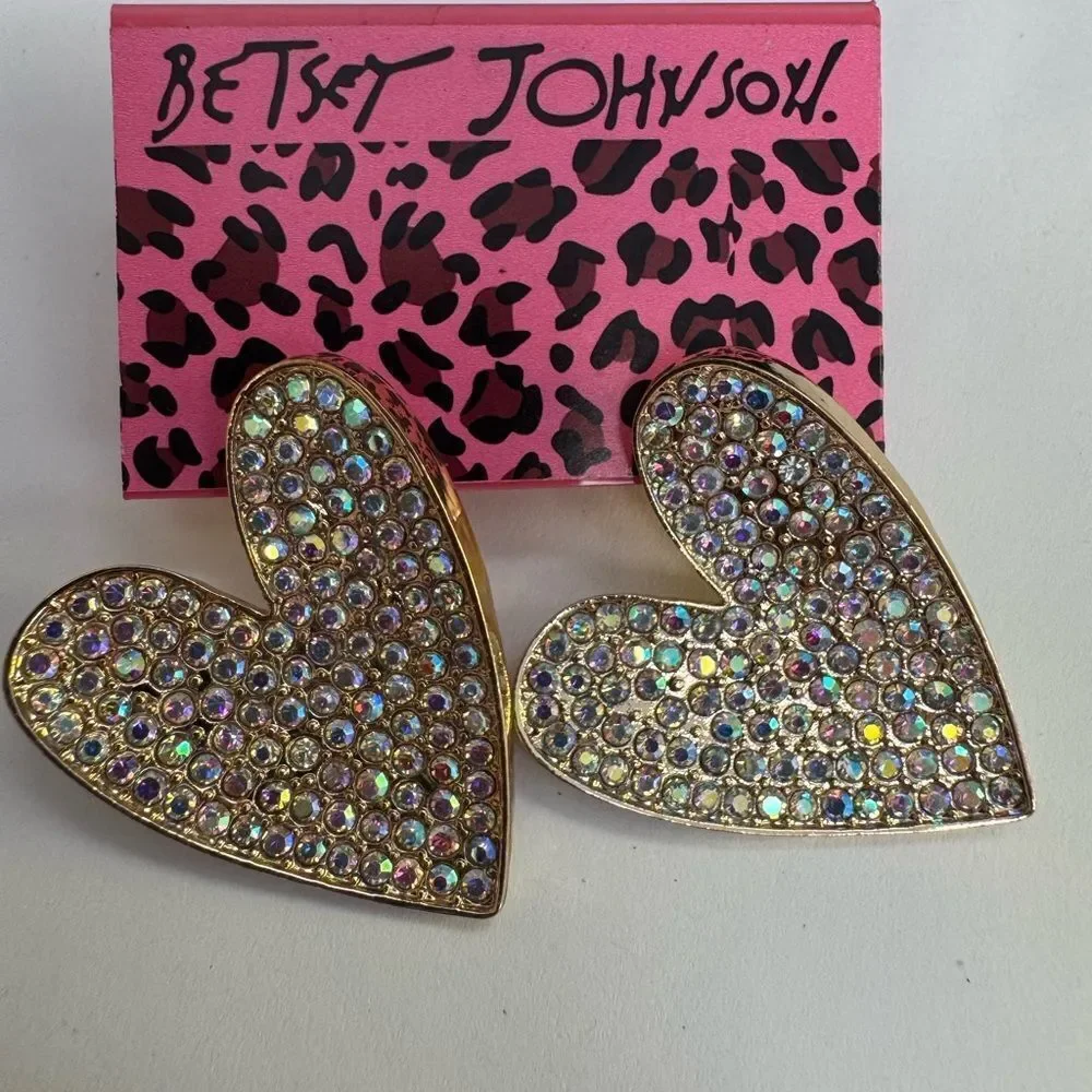 Betsey Johnson Aurora Borealis and Gold Heart Earrings